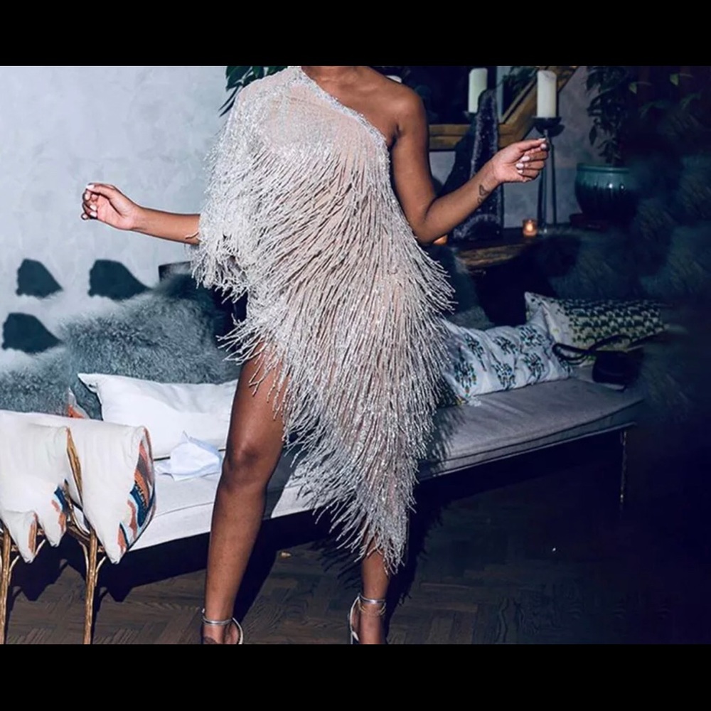 Nichole Lynel silver fringe high-low dress